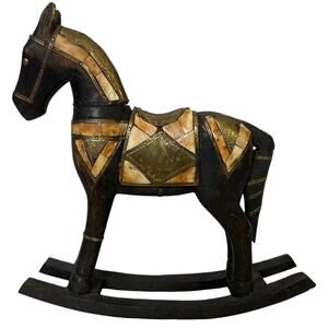 Antique Carved Wood Hammered Brass & Bone Inlaid Rocking Horse Statue Decor